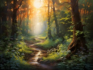 Sunlight in the forest. Panoramic view of a path in the forest.
