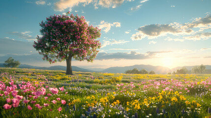 Serene sunset behind a blossoming tree in a vibrant flower meadow