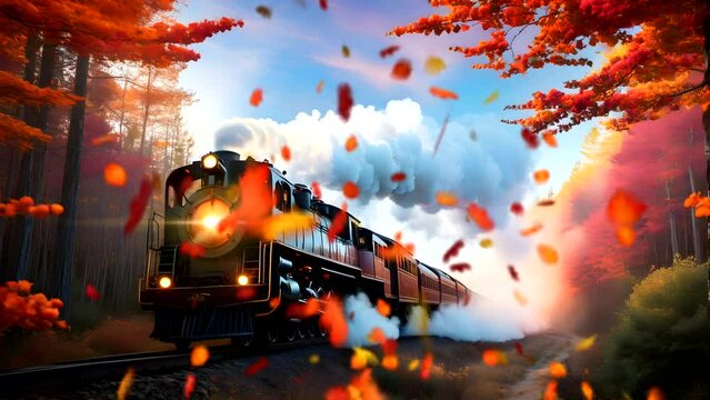 colorful train surrounded by fallen leaves and trees, with a black steam engine at the front of it. Seamless looping 4k time-lapse video animation background 