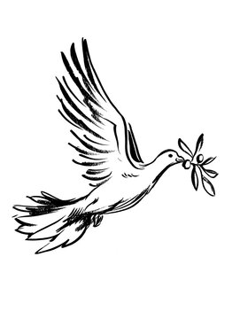 Beautiful silhouette of a dove, symbol of peace, freedom, and prayer, holding a branch of olive tree, nice hand-drawing illustration, stylized black line drawing on white or transparent background