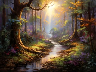 Digital painting of a beautiful autumn forest with a river flowing through it