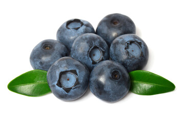 Blueberry macro with leaves isolated on white background