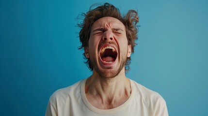 A man shouting loudly on isolated blue background
