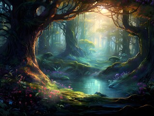 3D illustration of a fantasy forest with tree trunks, lights and fog
