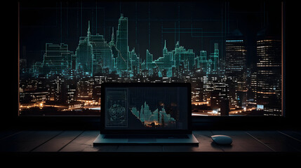 computer with bitcoin currency graph in front of dark city