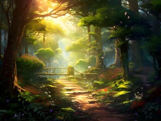Beautiful fantasy landscape with a path through the forest in the morning