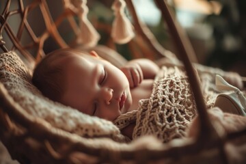 The picture captures the adorable sight of a sleeping newborn in a white cradle, emphasizing the beauty of early childhood.
