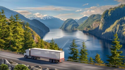 Big white semi truck driving on a road near lake. Semi truck transporting commercial cargo in refrigerated semi trailer down road with a green trees near lake