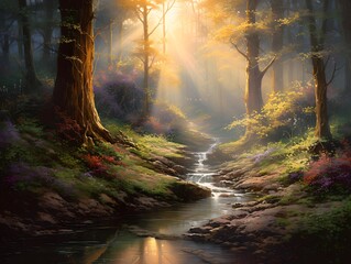 Digital painting of a river flowing through an autumn forest with sunbeams