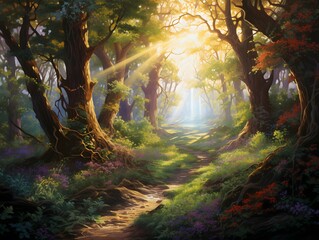 Beautiful fantasy forest with sunbeams and fog in autumn season