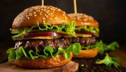 Close-up of home made tasty burgers on wooden table.
