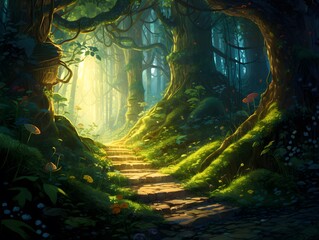 Fototapeta na wymiar Fantasy landscape with a path in a mysterious forest. 3D rendering