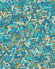 Seamless repeating pattern with interlocking multicolored striped hexagons. Abstract geometric background. Retro mosaic style. Vector illustration for fabric, textile, wrapping, and print. 
