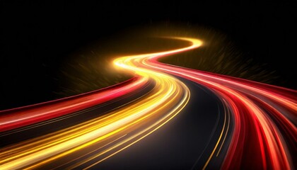 Road light. Curve streak trail line. Fast speed car. Long yellow and red way effect. Glowing street exposure. Blurred motion. Sparkling flow