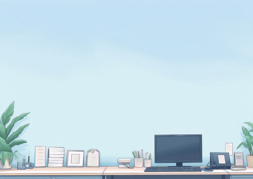 An illustration of a modern minimalist office desk with a computer, plants, and other office supplies in a blue and white color scheme.