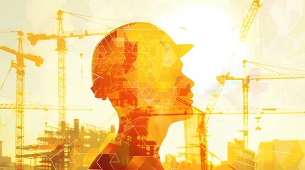 Poster workers and building cranes, background is a silhouette construction worker's head wearing safety helmet and construction site. light orange with geometric patterns in yellow background. generative AI © yj