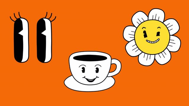 Trendy cartoon character animations isolated on a transparent background. Eyes blinking, coffee cup rotating laughing, camomile flower winks. Retro vintage hand drawn outline comic style.
