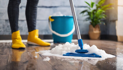 Mop cleanser foam illuminates floor cleaning scene, emphasizing maintenance and sanitation in household upkeep - obrazy, fototapety, plakaty
