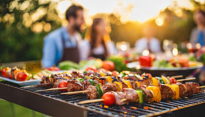 Sizzling skewers on BBQ grill with blurred crowd background, evoking the aroma and joy of outdoor BBQ gatherings - obrazy, fototapety, plakaty
