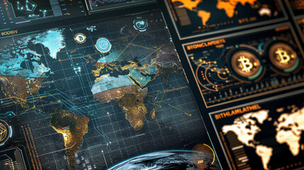 Digital Currency Global Adoption Illustrated on Maps and Globes - obrazy, fototapety, plakaty