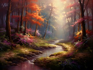 Autumn forest with colorful trees and a stream. Autumn background.