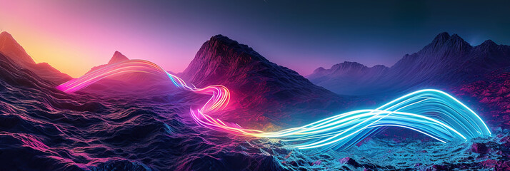 Surreal landscape: rocky mountains and neon curvy colorful lines in motion. Flowing energy concept. Glowing trajectory path data flow concept - obrazy, fototapety, plakaty