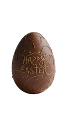 A big  chocolate egg stands erect with the phrase "Happy Easter" elegantly inscribed on it, conveying a festive message