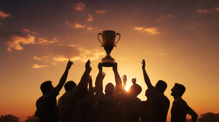 Winning Team Silhouettes with Gold Trophy Cup Against Sunset - obrazy, fototapety, plakaty