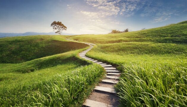 Scenic winding path through a field of green grass in the morning. Beautiful natural image