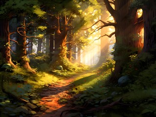 Beautiful fantasy landscape with a path in a dark forest lit by the sun