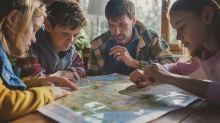 A family sitting around a table with a map discussing and strategizing their evacuation plans in case of a flood emergency emphasizing the need for preparation. - obrazy, fototapety, plakaty