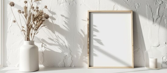 Mockup of a frame placed on a white table with a modern ceramic vase containing dried flowers, all in neutral colors.