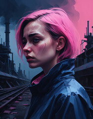 Moody Futuristic Portrait of a Grieving Woman | This digital painting depicts a moody, eerie landscape with a young woman in the foreground, her expression conveying a sense of grief and frustrat - obrazy, fototapety, plakaty