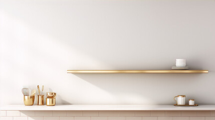 Minimalist still life of golden kitchenware on marble shelf against white wall background, with soft natural light and shadow, in Scandinavian style - obrazy, fototapety, plakaty