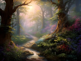 Beautiful panorama of a fantasy woodland scene with a stream flowing through the woods