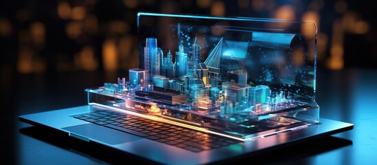 Laptop with abstract city hologram - obrazy, fototapety, plakaty