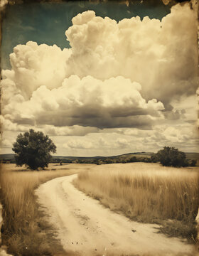 Dramatic Countryside Landscape with Gum Bichromate Clouds | This captivating landscape image showcases a serene countryside scene with dramatic, billowing clouds in the background. The image has 