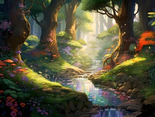 Beautiful fantasy landscape with a pond in the forest. Digital painting