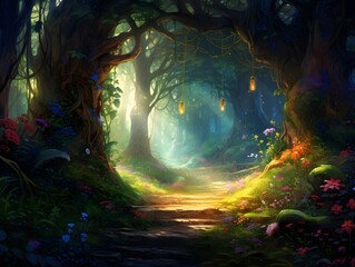 Obraz na płótnie Canvas Fantasy fantasy landscape with a path in the forest. 3d rendering