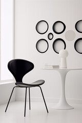 Black and white minimalist interior with a modern chair and a table with a lamp on it, with round wall art in the background.