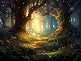 Fantasy forest with a path through the trees, 3d illustration