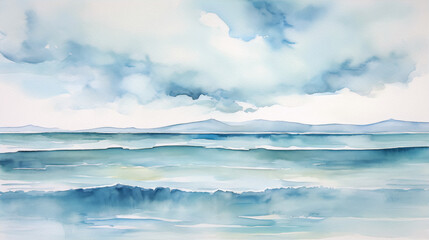 Fototapeta premium Watercolor painting of a tranquil seascape with distant mountains in shades of blue and white.