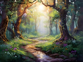 Forest path with trees and flowers in the morning, panoramic view