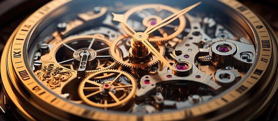 Gears and cogs in clockwork watch - obrazy, fototapety, plakaty