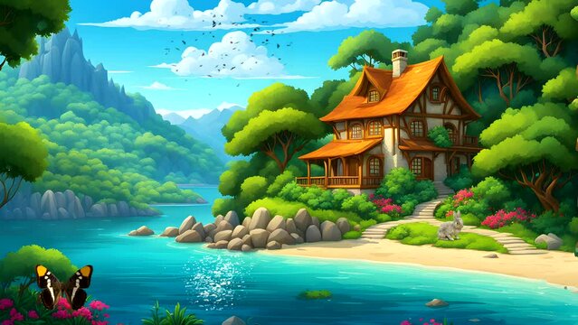 house in a forest by the sea, surrounded by green trees and colorful flowers, with a clear lake in bright sunshine. Seamless looping 4k time-lapse video animation background