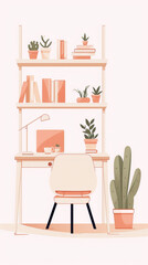 A minimal and cozy home office with a large desk, a comfortable chair, a lamp, and a few plants.