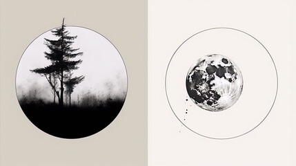 Two minimalist black and white illustrations: a pine tree in a circle and a moon in a circle.