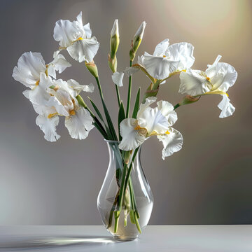 Bouquet of beautiful white iris flowers in a glass vase. Still life
