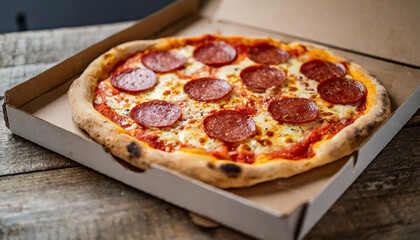 freshly opened thick pepperoni pizza box, steam rising, invitingly warm and appetizing