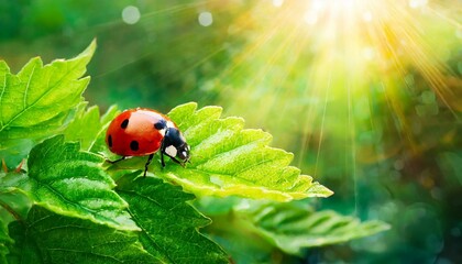 Wide format background image of fresh juicy green leaves and ladybug lit by rays of sun in nature with space for text.